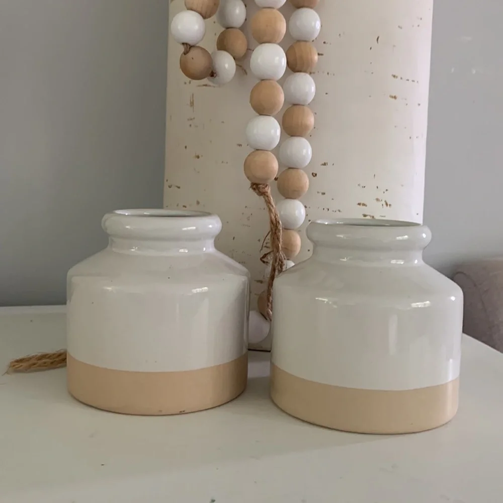 Two note glazed set of two vases ceramic pots Neutral home‎ decor white beige